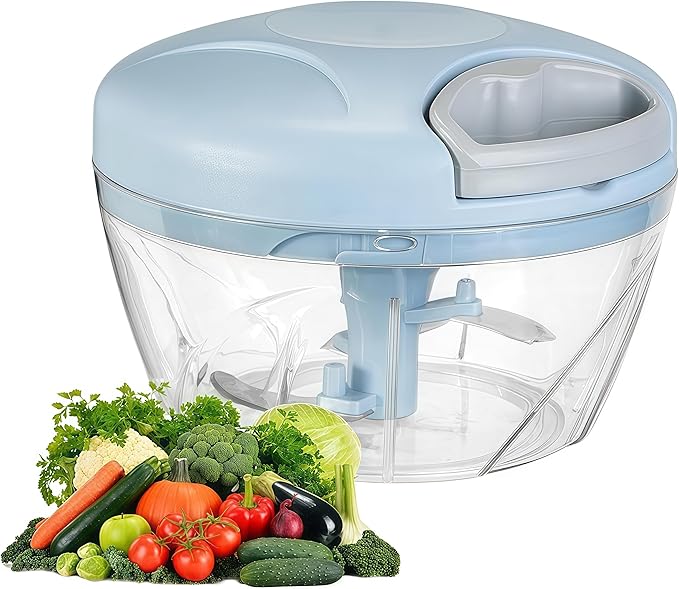 Manual Food Processor Vegetable Chopper, Portable Hand Pull String Garlic Mincer Onion Cutter for Veggies, Suitable for Vegetables, Ginger, Garlic, Fruits, Onion, Potato, Salad (Blue 500 ml)