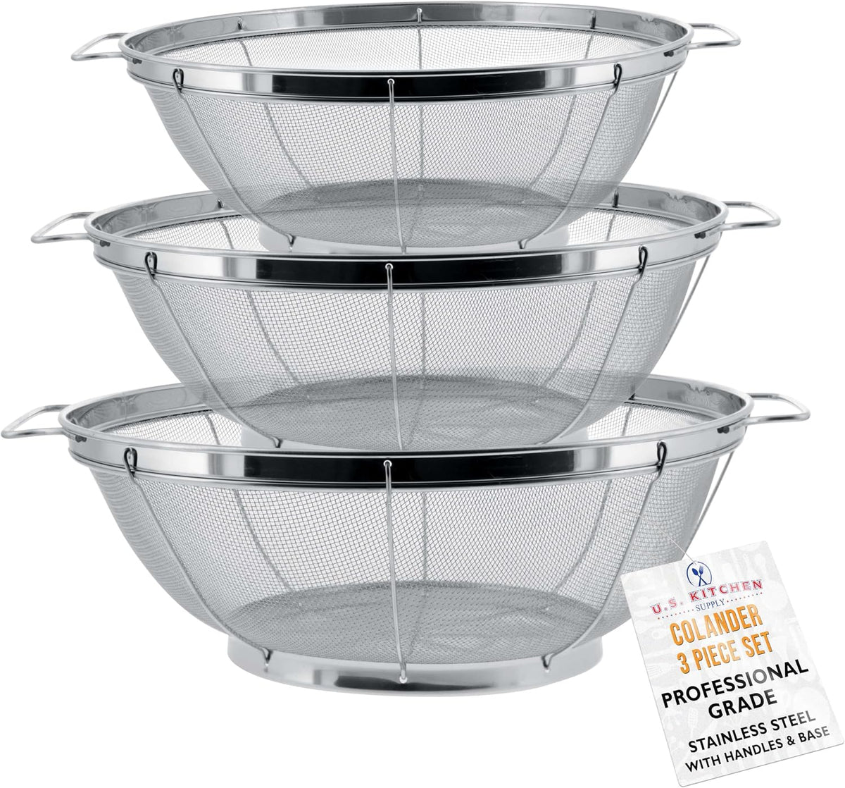 Set of 3 Stainless Steel Colander Strainers Net Baskets