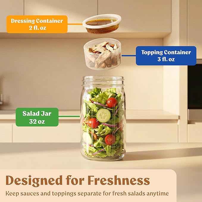 EDELHAUS 4 Pack Glass Salad Jars with Wooden Lids for Meal Prep, Leakproof Container with Two Small Built in Cups for Wet/Dry Separation for Salad Dressing and Ingredients, 32oz Mason Jars (Oak)