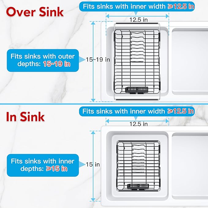 JASIWAY Expandable Stainless Steel Over The Sink Dish Drying Rack for Small Kitchen Counter Space Saving, Compact Black Plate Drainer Strainer, Adjustable Hanging Metal Dish Dryer with Utensil Holder