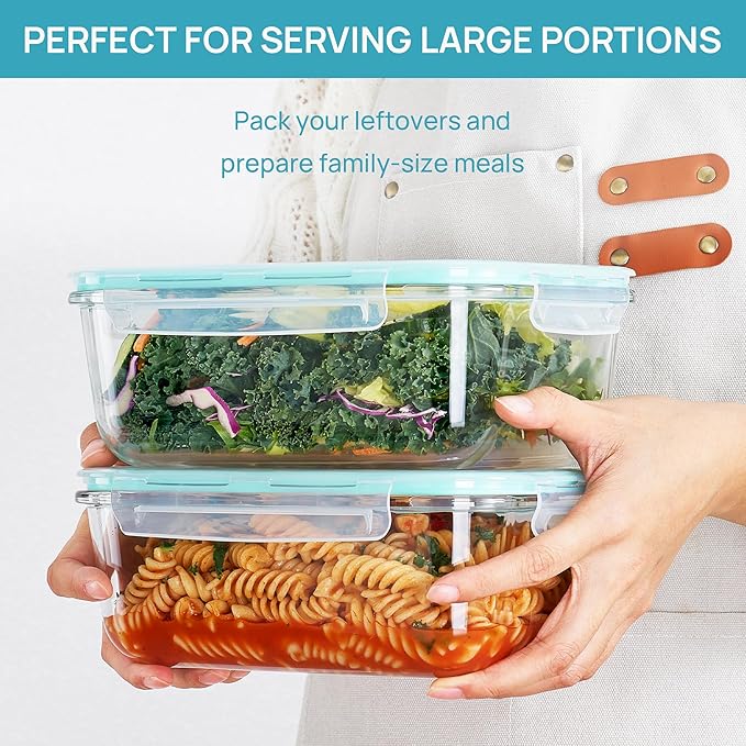 Vtopmart 2Pack 1860ml/63oz Large Glass Containers Food Storage with Lids, Meal Prep Food Container Set with Snap Airtight Lid for Baking, Microwave, Oven, Leak Proof, for Freezer, Dishwasher, Green