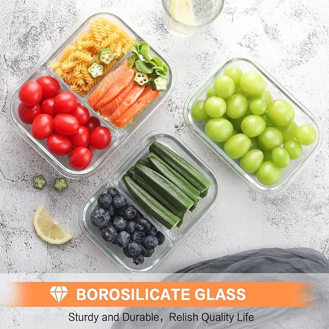 Bayco 9 Pack Glass Meal Prep Containers - 3, 2 & 1 Compartment Glass Food Storage Containers with Lids, Airtight & Leak Proof Lunch Bento Boxes - Grey