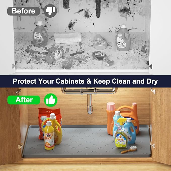 Under Sink Mat - Waterproof Kitchen Cabinet Tray - 34" x 22" Flexible Silicone Under Sink Liner - Kitchen Bathroom Cabinet Mat and Protector for Drips Leaks Spills
