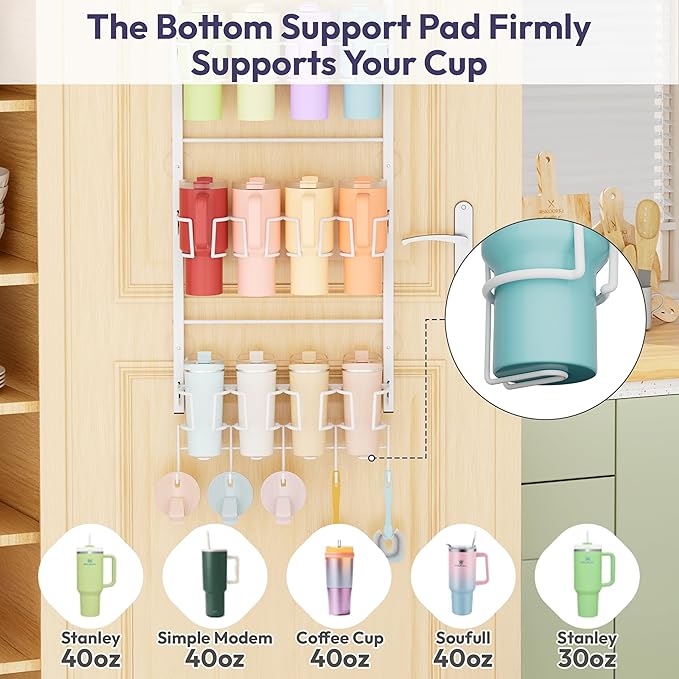 SWTYMIKI 4-Tier Water Bottle Organizer - Over the Door Stanley Cup Holder - Cup Rack with Hooks for Door or Wall Mount Option- Tumbler Organizer Storage Display for Kitchen Dorm Office RV, White