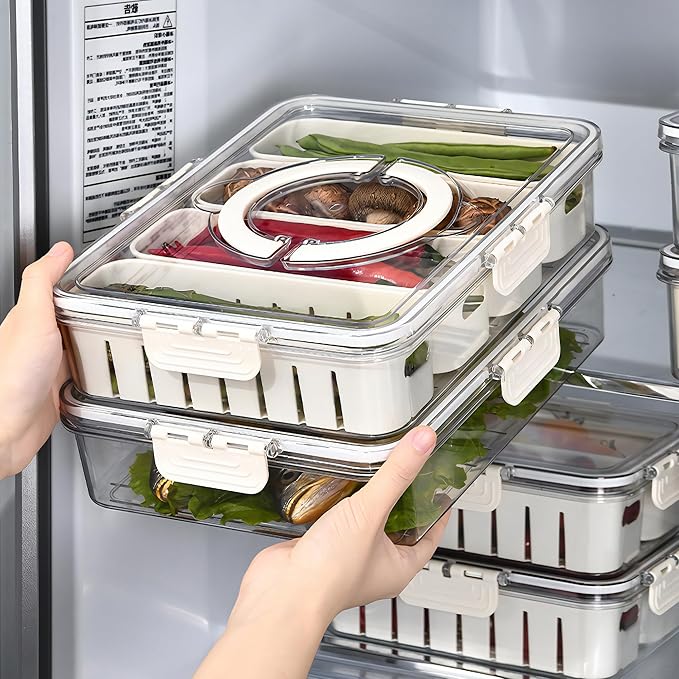 Divided Veggie Tray with Lid and Handle 4 Compartment Serving Tray Portable Travel Snack Storage Containers Stackable Snackle Box Charcuterie Container for Fruit,Vegetable,Salad