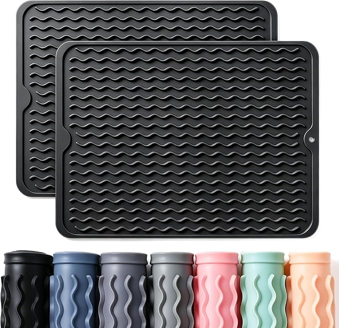 CAKETIME 2 Pack Silicone Dish Drying Mat for Kitchen Counter Under Sink Protector Organizers Cooking Baking for Blackstone Griddle Accessories Coffee Mats Appliance Stone Rack Trays Drain Black