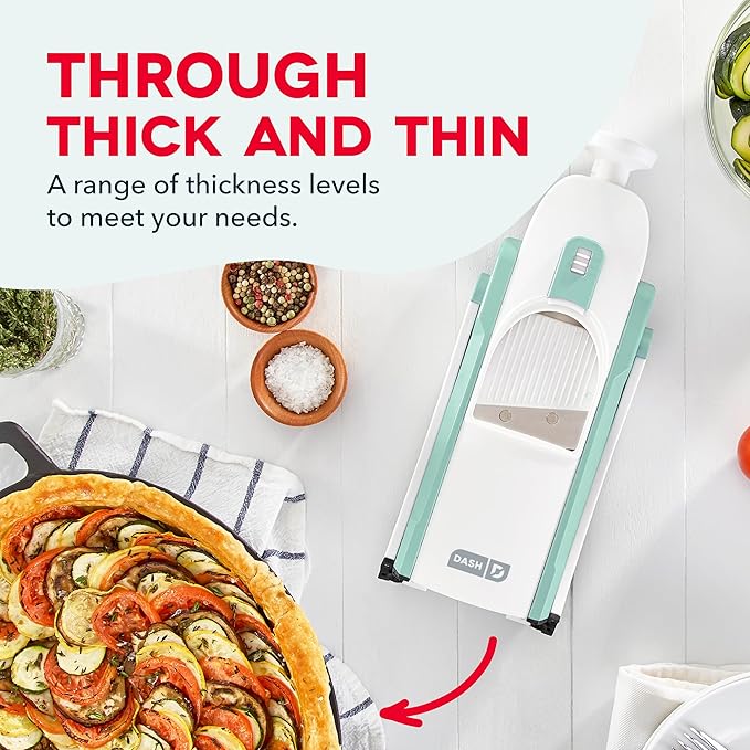 Dash Safe Slice® Mandoline - Compact, Foldable Food Slicer - Slice, Dice, Julienne & More - Perfect for Quick Food Prep - Recipe Guide Included - Aqua