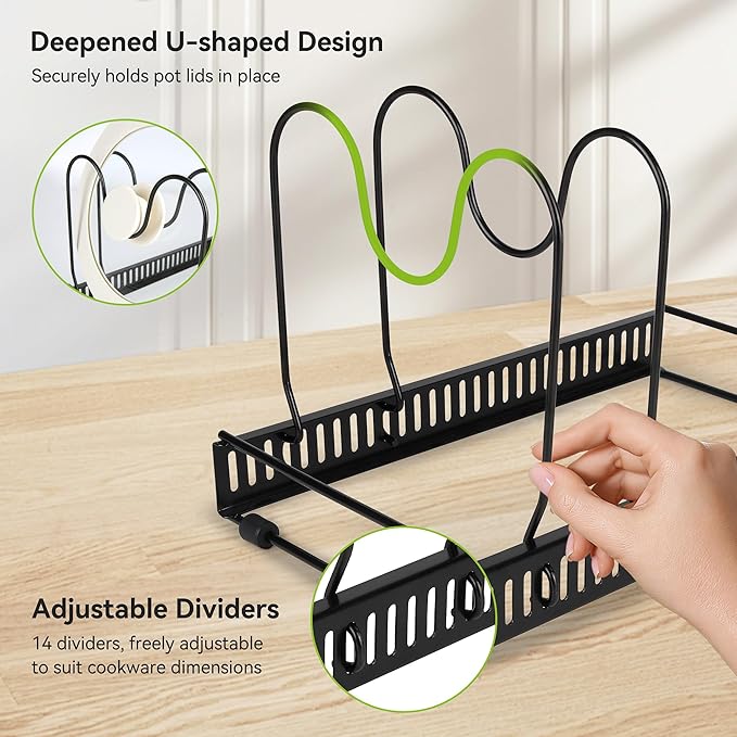 Fyvva Pots and Pans Organizer under Cabinet, Expandable 11.81''-22.83'' Pot and Pan Organizer, Pot Lid Organizer with 14 Adjustable Dividers for Lids, Baking Trays, Skillets (Black, 14 Dividers-A)