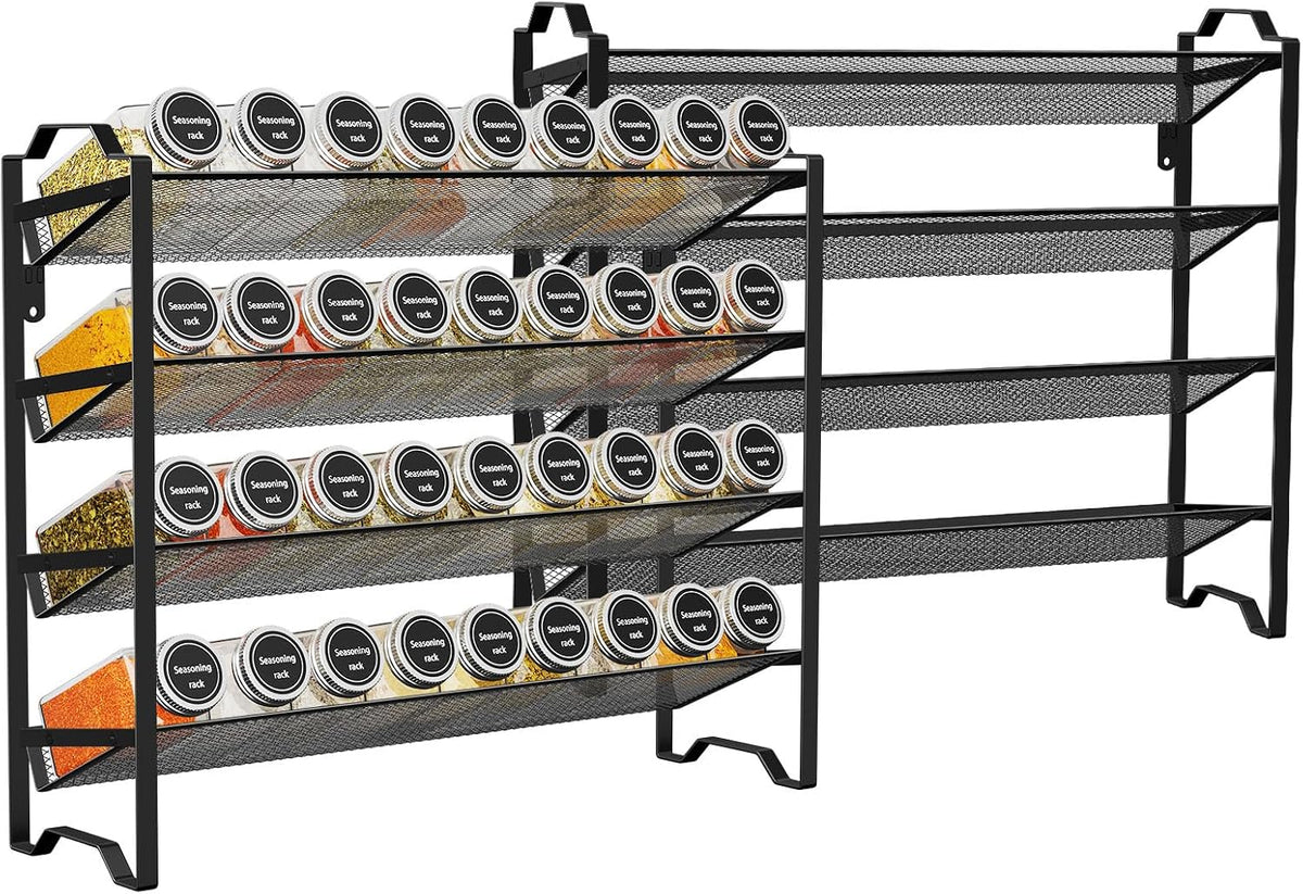 2 Pack 4 Tier Spice Rack Organizer, Stackable Kitchen Counter Shelves, for Cabinet, Countertop, Pantry, Door or Wall Mount, Metal Mesh, Jars not Included, Black