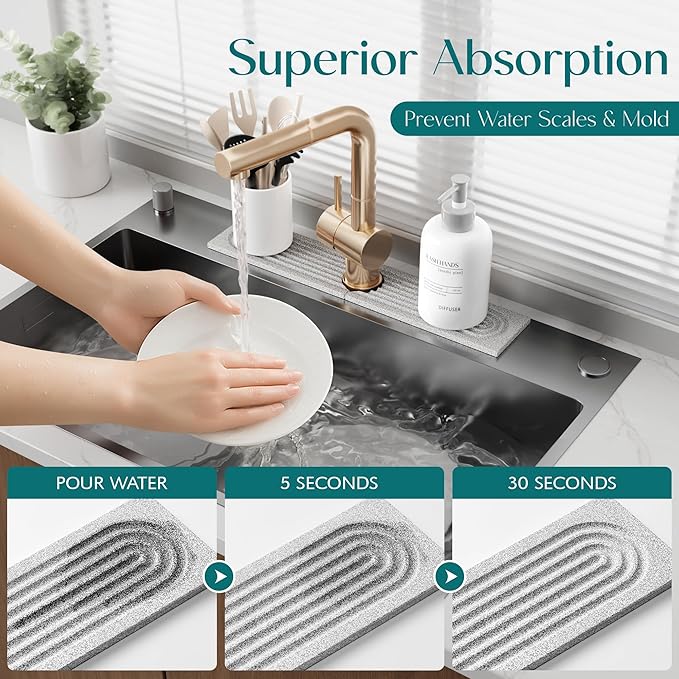 Stone Faucet Mat for Kitchen Sink, Diatomite Stone Drying Mat for Kitchen Counter, 2026 Upgraded Dishwasher-Safe & Ultra Absorbent, Food-Grade Stone Dish Drying Mat for Bottles & Utensils (20" x 3.9")