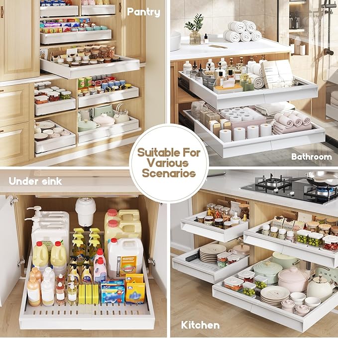 Seinloes Pull Out Cabinet Organizer, 4-Side Expandable to Fit Most Cabinets, 3 Rail Slide Out Drawers with Raising Pad for Framed & Frameless Cabinets, 13"-21" W x 17"-24" D, White, 4 Pack