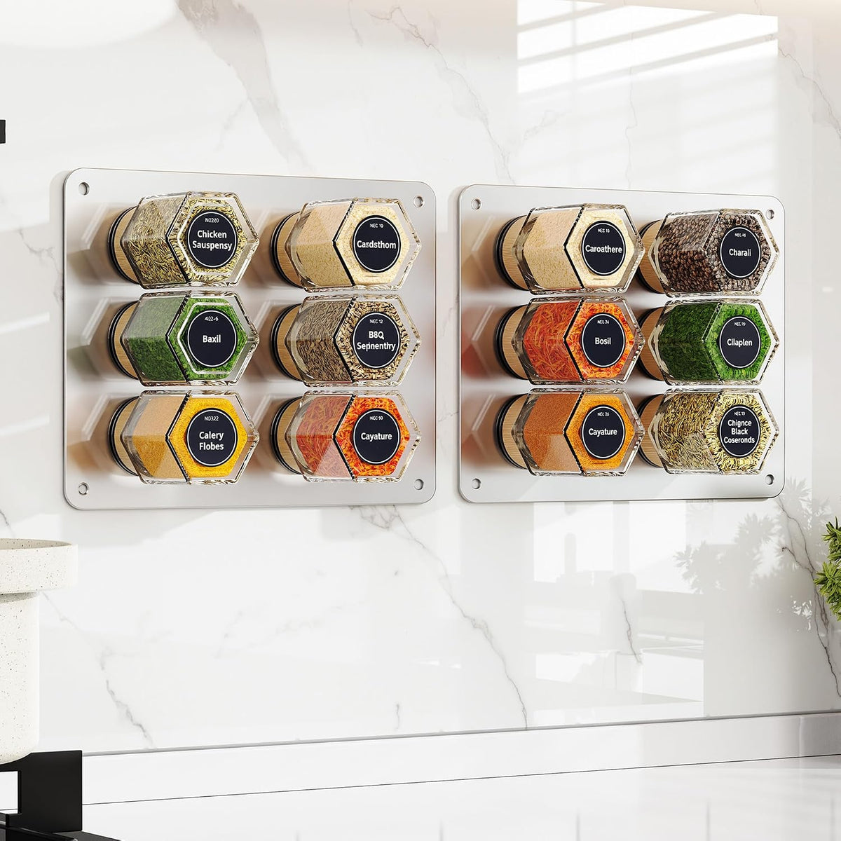 Set of 12 magnetic glass spice tins with 180 seasoning label stickers