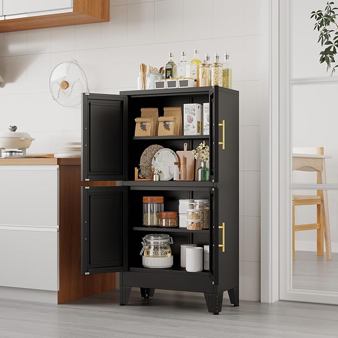 GAIOUS 47.25" Metal Storage Cabinet, Black Kitchen Food Storage with 4 Door and 2 Adjustable Shelves, Freestanding Bathroom Cabinet, Pantry for Kitchen Dinning Room, Cupboard