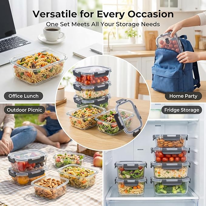 5 Pack Glass Meal Prep Containers 35oz, High Borosilicate Glass Food Storage Containers with Black PP Lids, Airtight Leakproof Lunch Boxes, Microwave, Oven, Dishwasher, Freezer Safe