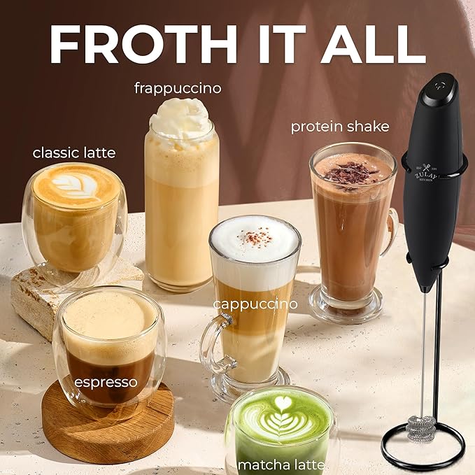 Zulay Kitchen Powerful Milk Frother Wand With Duracell Batteries - Ultra Fast Handheld Drink Mixer - Electric Whisk Foam Maker for Coffee, Lattes, Cappuccino & Matcha - Triple Whisk - Midnight Elite