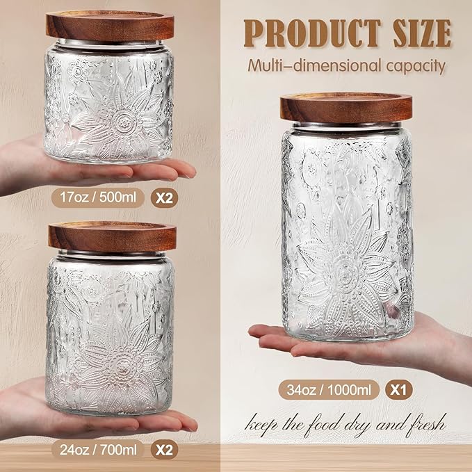 Suclain 5 Pcs Sunflower Vintage Glass Jars with Bamboo Airtight Lid 17/24/34 oz Glass Food Containers Storage for Kitchen Counter Pantry Sugar Flour Coffee Tea Candy Oats Cereal(Round)