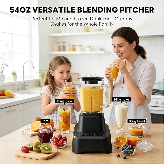 Simple Deluxe Blender for Smoothies, 850W Powerful Countertop Blender for Kitchen, 54oz Large Glass Pitcher, 4 Speeds with Pulse for Ice Crushing, Frozen Fruits, Juicers, Dishwasher Safe, Black