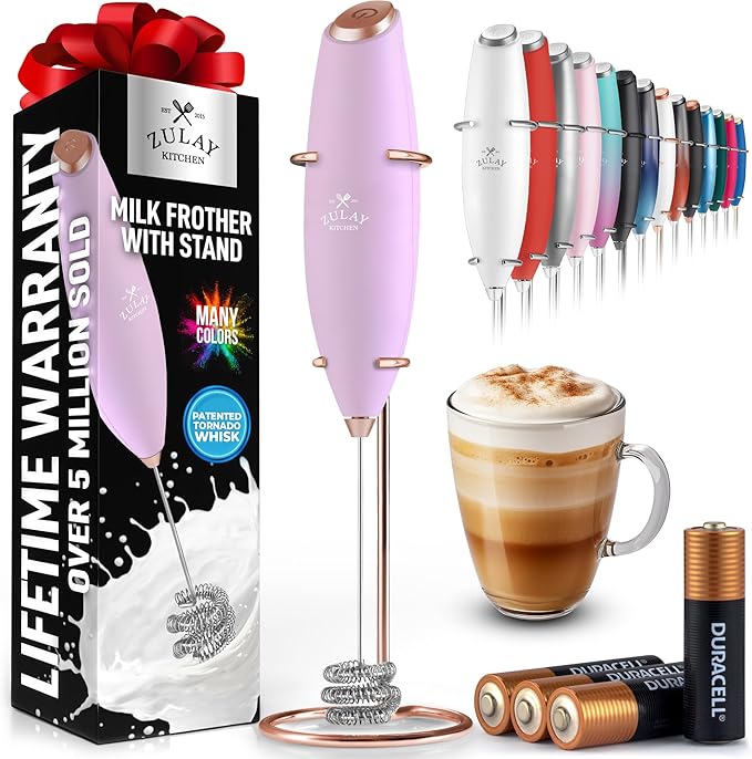 Zulay Kitchen Powerful Milk Frother Wand With Duracell Batteries - Ultra Fast Handheld Drink Mixer - Electric Whisk Foam Maker for Coffee, Lattes, Cappuccino & Matcha - Triple Whisk - Regal Lavender