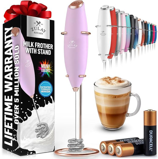 Zulay Kitchen Powerful Milk Frother Wand With Duracell Batteries - Ultra Fast Handheld Drink Mixer - Electric Whisk Foam Maker for Coffee, Lattes, Cappuccino & Matcha - Triple Whisk - Regal Lavender