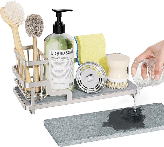 Consumest Sponge Holder for Kitchen Sink - Sink Caddy Organizer with Water Absorbing Stone Tray, Detachable Brush Holder