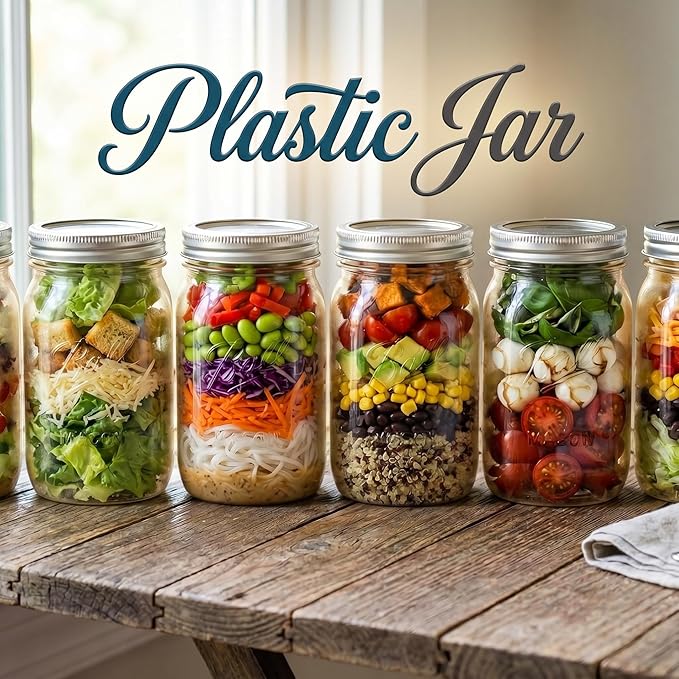 novelinks 32 oz Mason Jars with Plastic Lids, 16 Pack Large Plastic Salad Jars with Lids 32oz, Reusable Spice Containers & Kitchen Jars for Pantry Organization (16 Pack,Silver)