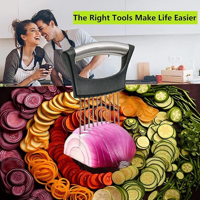 Upgraded Stainless Steel Lemon Slicer Onion Cutter, Onion Holder for Slicing, Vegetable Cutter Kitchen Chopper Slicing Assistant Tool for Potato and Tomato Avocados Eggs Meat (1, Black)