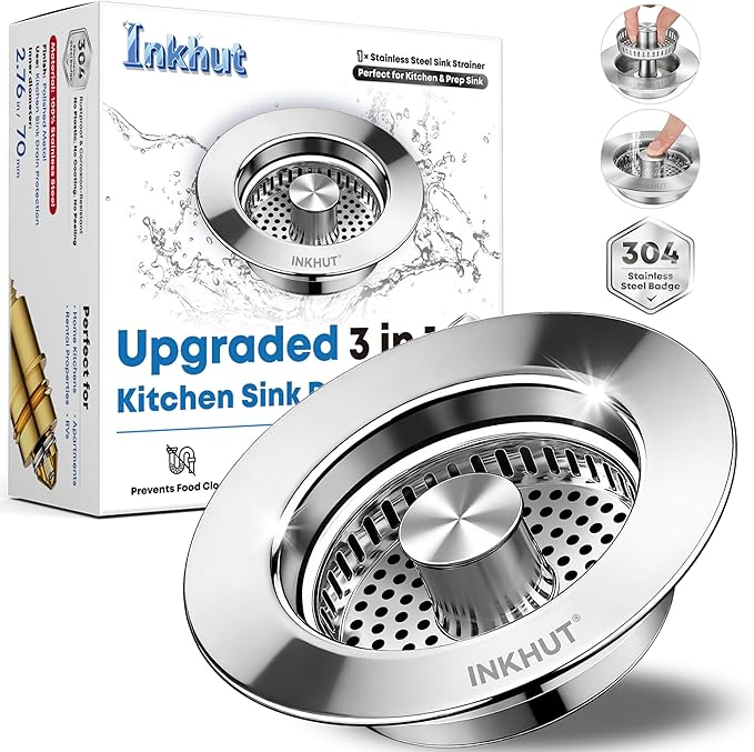 Upgraded 3 in 1 Kitchen Sink Drain Strainer - Stainless Steel Sink Stopper, Anti-Clogging Food Catcher Basket, Sink Bounce Core Drain Strainer Plug for US Standard 3 1/2 inch Drain (Mirror Silver)