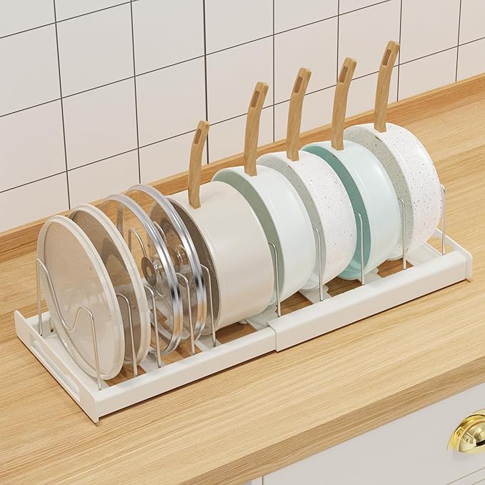 Nigelia Pots and Pans Organizer for Under Cabinet 22" Expandable Food Storage Container Lid Organizers with 10 Adjustable Dividers Pot and Pan Lid Holders Rack Inside Cabinet&Kitchen Countertop(White)
