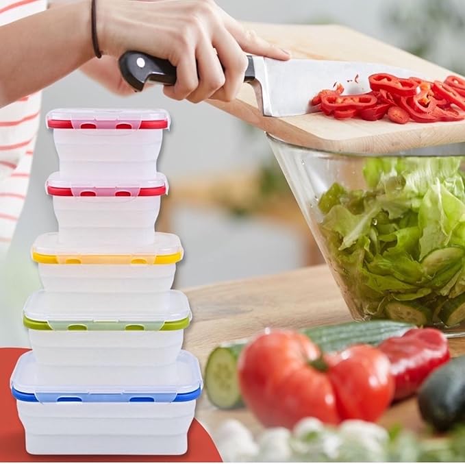 ECOBERI Collapsible Food Storage Containers, Silicone 5 Piece Set, 12/17/27/40 oz, BPA-Free Meal Prep Containers with Airtight Lids, Space-Saving, Freezer and Dishwasher Safe