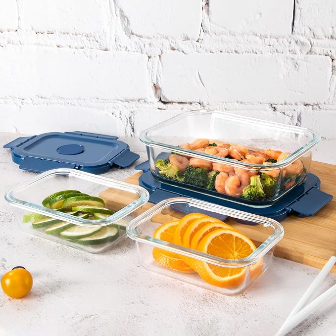 Glass Food Storage Containers 10 Pack, Meal Prep Containers with Snap Locking Lids Airtight Built in Air Vents, Glass Lunch Containers, Microwave/Dishwasher Safe, Navy Blue