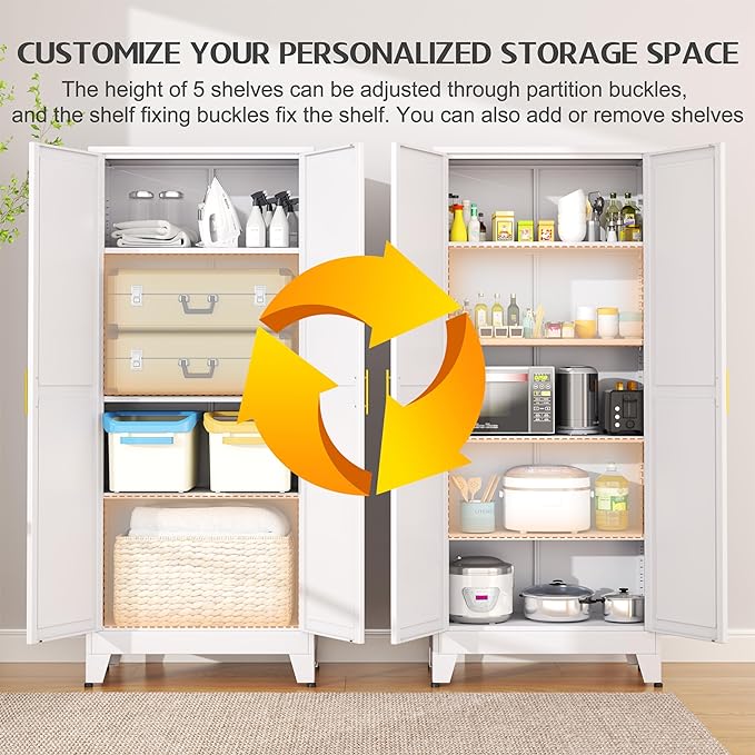 GAIOUS 75.2" Tall Metal Kitchen Pantry Storage Cabinets with 2 Door and 5 Adjustable Shelves, Cupboard for Kitchen, Dining Room, Living Room and Bathroom, White