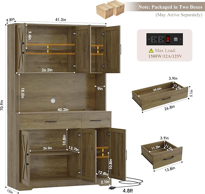 HOSTACK 71" Pantry Cabinet with Charging Station, Tall Kitchen Pantry Storage Cabinet with Microwave Stand, Farmhouse Kitchen Hutch with Storage Drawers for Living Room, Dining Room, Rustic Brown