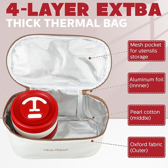 Dandat 4 Pcs Insulated Lunch Container, Portable Bento Box, Stainless Steel Lunch Box, Round Stackable Leakproof Thermal Food Container for Adult Men Women with Insulated Bag, 74 oz(Red)