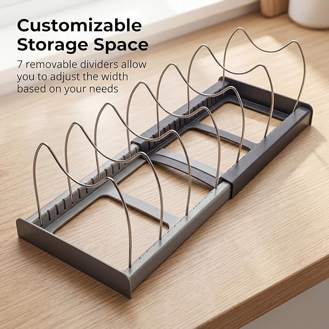 OMIO Expandable Pot Lid Organizer Rack for Under Cabinet, Adjustable 12"-22" Kitchen Storage with 7 Steel Dividers, Scratch-Resistant ABS Base for Pans, Cutting Boards, Bakeware, Grey