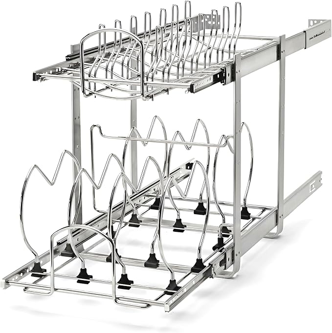 Rev-A-Shelf 2-Tier Kitchen Cabinet Pullout, Cabinet Organizer for Pots, Pans, and Lid Cookware, Adjustable Heavy Duty Wire, Min Opening Width of 11.5", Chrome, 5CW2-1222-CR
