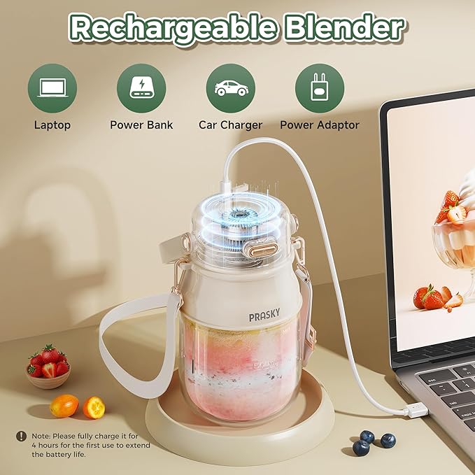 Portable Blender, Prasky Personal Blenders for Shakes and Smoothies with 27oz Cup, Lid and Shoulder Strap,Type-C USB Rechargeable, Personal Size Blenders BPA-free for Gym/Travel/Kitchen（White）
