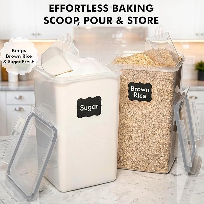 WHITE FEATHER SUPPLIES 2 PC [7 Qt / 6.5L / 220 Oz] Large Food Storage Containers with Lids Airtight - BPA Free Clear Plastic Kitchen and Pantry Storage Containers for Cereal, Flour, Sugar, Rice