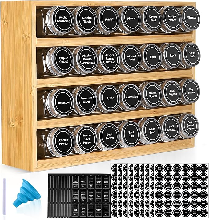 Bamboo Spice Rack Organizer With 28 Spice Jars, 780 Labels, 4 Tier Wood Hanging Shelf, Chalk Marker and Funnel Set for Drawer Cabinet Kitchen Countertop Wall Mount, Empty 4 oz Glass Jar & Shaker Lids