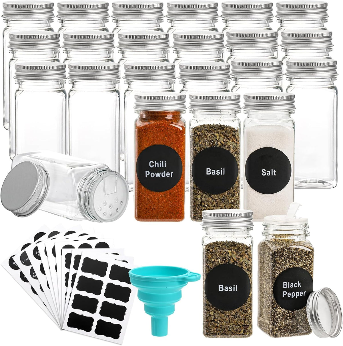 24 Pack Plastic Spice Jars, 4 oz Spice Bottle Square Seasoning Containers, Reusable Salt Pepper Shaker with Airtight Lid Labels and Funnel for Spice, Herbs, Powder and Glitters