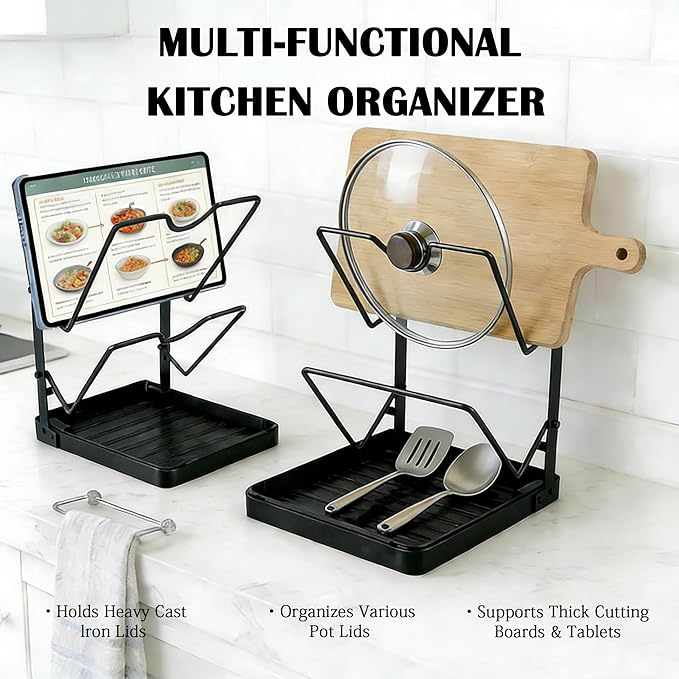 Pot Lid Holder While Cooking, 2-Tier Heavy Duty Pot Lid Organizer with Drip Tray & U-Shaped Groove, Multifunctional Storage Rack for Stove Top & Kitchen Countertop - Black