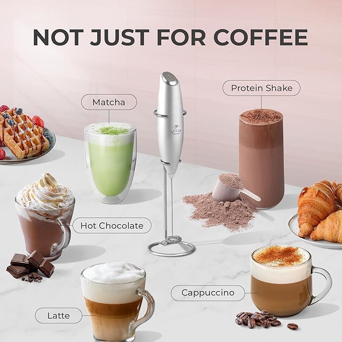 Zulay Kitchen Powerful Milk Frother Wand With Duracell Batteries - Ultra Fast Handheld Drink Mixer - Electric Whisk Foam Maker for Coffee, Lattes, Cappuccino & Matcha - Z1 Motor - Premium Silver