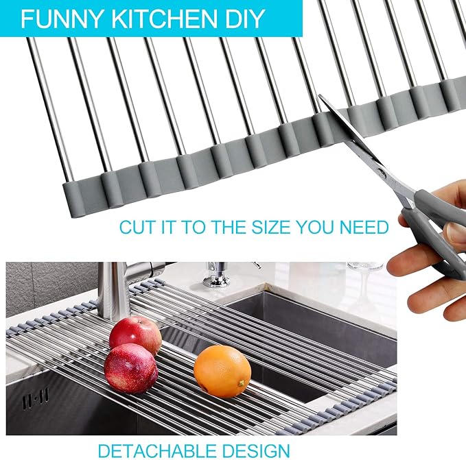 SunCleanse 17.8" L×15" W Roll Up Dish Drying Rack, Over Sink Dish Drying Rack Drainer, Multi-Use Stainless Steel Foldable Dish Rack for Kitchen Sink Countertop, Grey