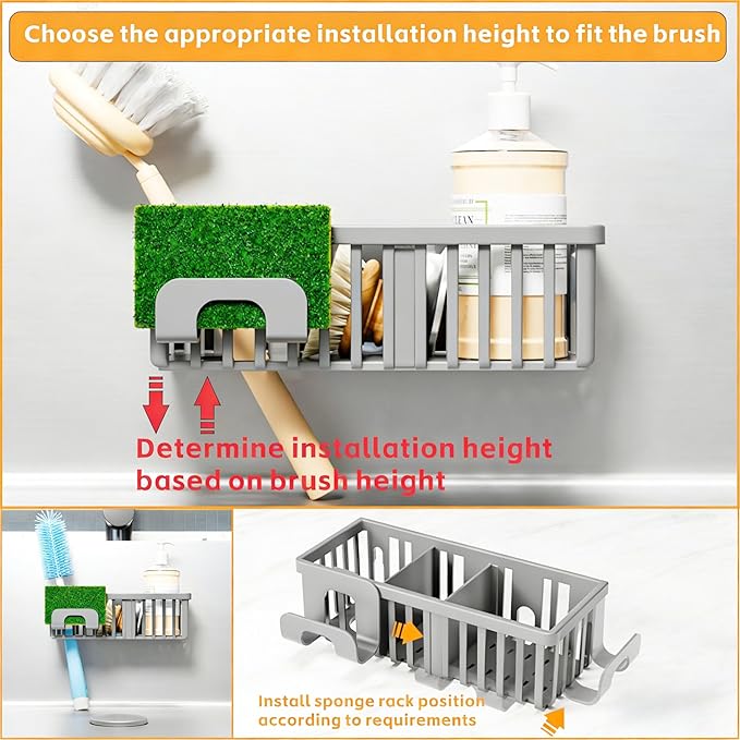 Yieach 3 in 1 Kitchen Sink Caddy Sponge Holder with Suction Cup and Adhesive,Plastic Rust-Proof kitchen Scrubber,Dish Scrub,Dish Soap Holder,Grey Hanging Sponge Rack and In Sink Organizer Essentials