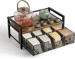 Tea Bag Organizer, Tea Bag Holder with Drawer, Wood and Metal Tea Organizers and Storage Chest for Countertop Kitchen, Office, Rustic Brown