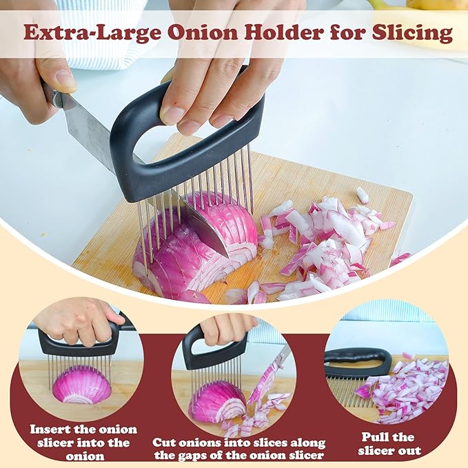 Hendiy Extra-Large Onion Holder for Slicing, 304 Stainless Steel Onion Slicer with 16 Long Needles, Onions Cutter Vegetable Chopper, Extra-Large Tomato Potato Slicer,Meat Tenderizer,Food Slicing Guide
