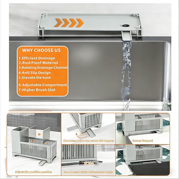 Rustproof Kitchen Sink Organizer for Countertop,Multifunctional Sink Organizer Caddy & Organization,Scrub Brush and Sponge Holder,Plastic Sink Storage Rack,Sponge Drain Rack,Dish Soap Dispenser,Grey