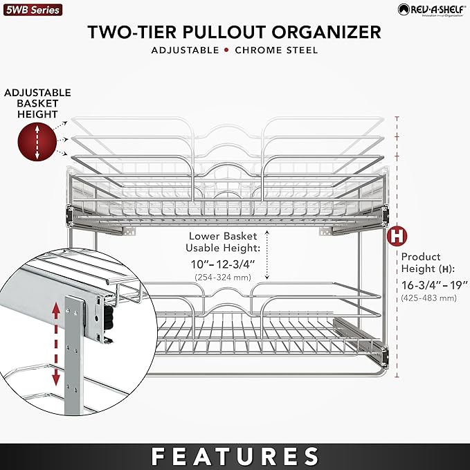 Rev-A-Shelf 2-Tier Pullout Shelf and Drawer Organizer for Kitchen Cabinets, Slide Out Storage Basket, Min Opening Width of 23.5", 24" x 22", 5WB2-2422-CR-1