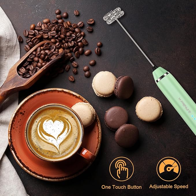 Philorn Milk Frother Wand Handheld Rechargeable Electric Whisk Coffee Drink Mixer, Mini Foamer for Lattes, Cappuccino, Frappe, Matcha, Hot Chocolate, Protein Powder, Keto Diet (Green 2 Heads)