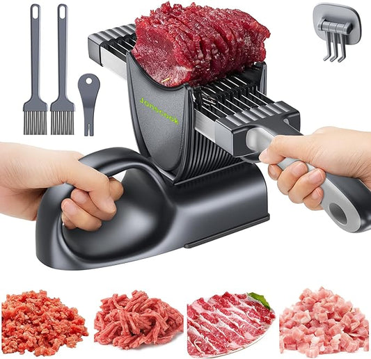 Manual Meat Slicer for Fresh Raw Meat (with Steady Grip), Meal Prep for the Week, Adjustable Thickness 2mm or 4mm, 17 Blades get 18 Fresh Meat Slicer, Meat Cleavers can be Sliced, Striped, Diced -Gray