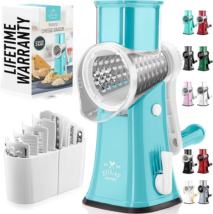 Zulay Kitchen Rotary Cheese Grater 5 Blade Cheese Shredder - Manual Hand Crank Cheese Grater With Reinforced Suction & 5 Interchangeable Drums